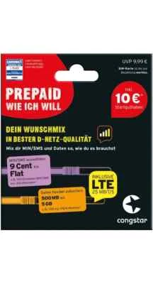 Congstar Prepaid wie ich will Handy SIM Karte 10€ Guthaben D1 Netz Telekom xtra