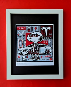 🔥AIDAN FLUX | Hand Signed Authentic Print Framed SNOOPY DRIVES A TESLA CAR COA - Picture 1 of 5