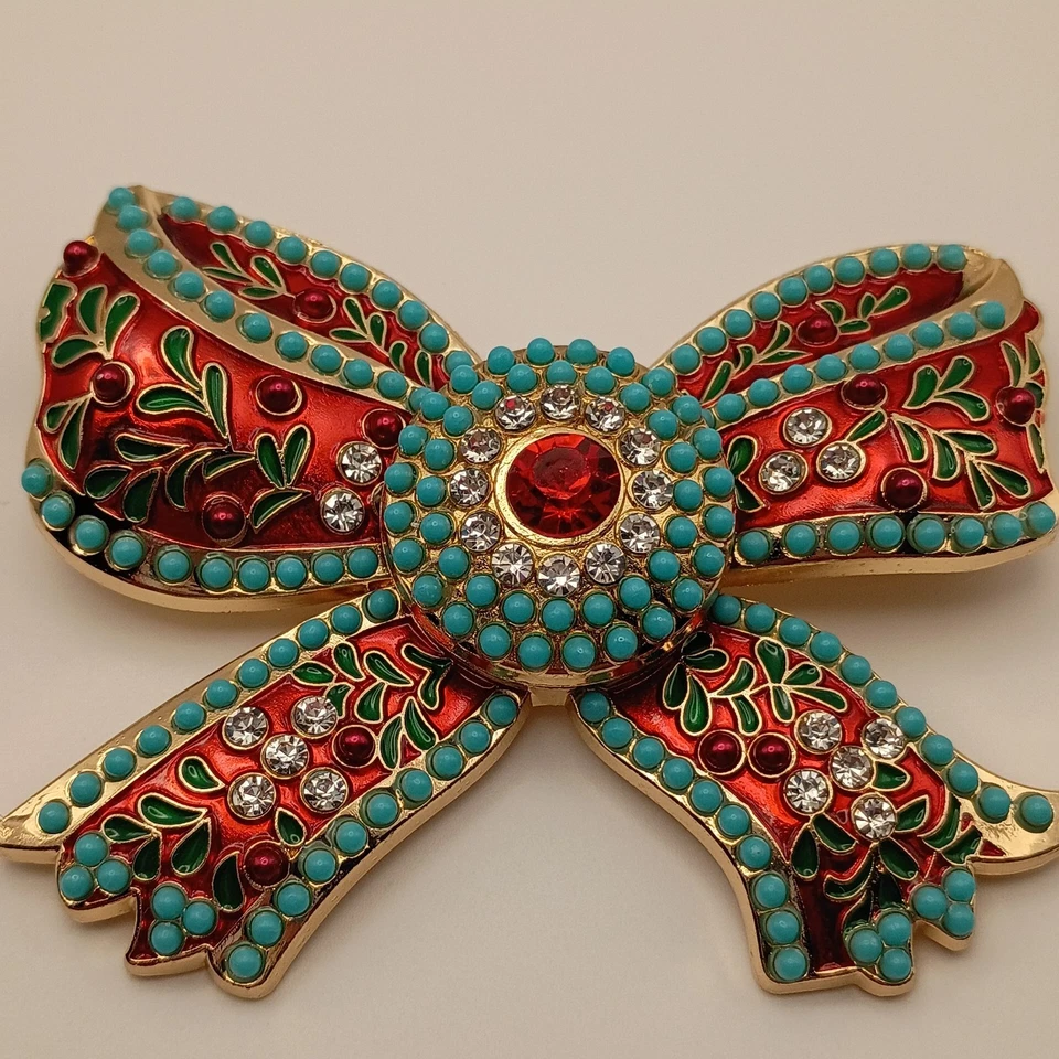 Christmas Brooch Poinsettia Bow Red & Green Enamel Teal Rhinestone Gold Tone - Image 1 of 4