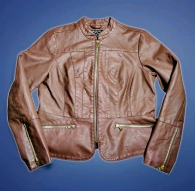 Baccini Brown Faux Leather Moto Jacket Medium Zip Pockets Quilted Detail - Image 1 of 4