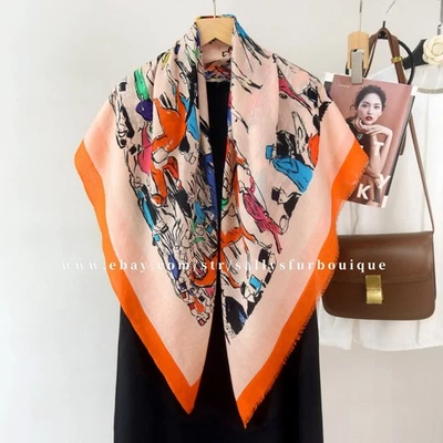 Sallys 100% Boiled Wool Shawl Horse Vintage Print Square Thin Delicate Scarf 39" - Image 1 of 4