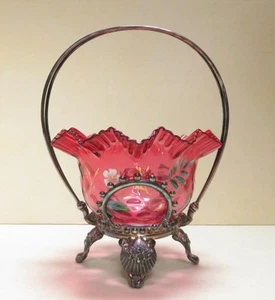 Small Cranberry Glass Brides Basket - James Tufts Quadruple Plate Stand - Picture 1 of 15