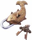 Beautiful Handcrafted Antique Look Style Fish 6" Brass Pad Lock 500gm India Gift