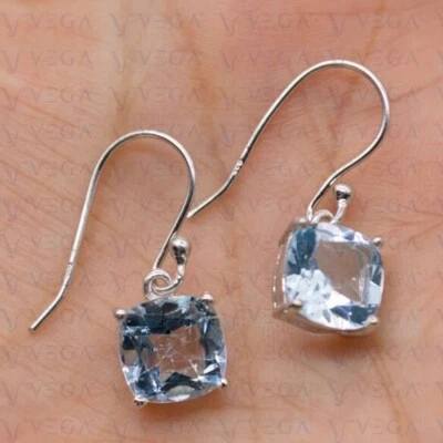 Pendiente colgante solitario aguamarina natural cojín 4,00 quilates chapado en oro blanco de 18 k Foto 1 de 4