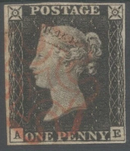 GB QV 1840 Penny Black, (AE) , 4 Ränder, Platte!b fein gebraucht ROTES Malteserkreuz - Bild 1 von 2