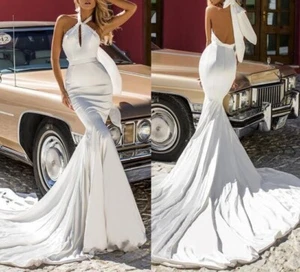 Wedding Mermaid Pearl Dresses Lace Up Halterneck Backless Sweep Train Sleeveless - Picture 1 of 17