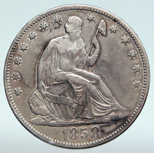 1858 O UNITED STATES US Silver SEATED LIBERTY Half Dollar Coin w EAGLE i89377