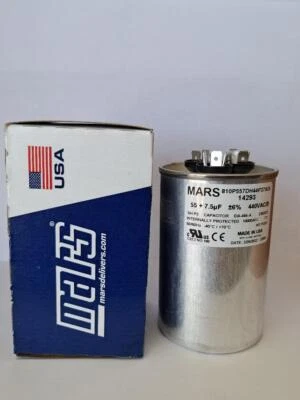 Condensador de funcionamiento de motor redondo Mars 55/7,5 MFD 440/370 VAC aluminio 14293, EE. UU., NUEVO Foto 1 de 4