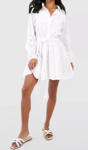 Boohoo Womens SZ US 12 Broderie Belted White Skater Shirt Dress NWT - Picture 1 of 6