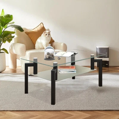 2-Tier Rectangle Tempered End Tea Table with Shelf Metal Leg Glass Coffee Tables - Image 1 of 4