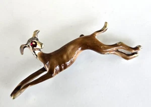 Vintage Greyhound Dog Brown Enamel Gold Tone Pin 2" Red Rhinestone Eye - Picture 1 of 3