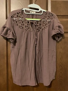 Maurices Womens Brown Peasant Blouse Eyelet Lace Ruffle Crinkled sz M - Picture 1 of 4