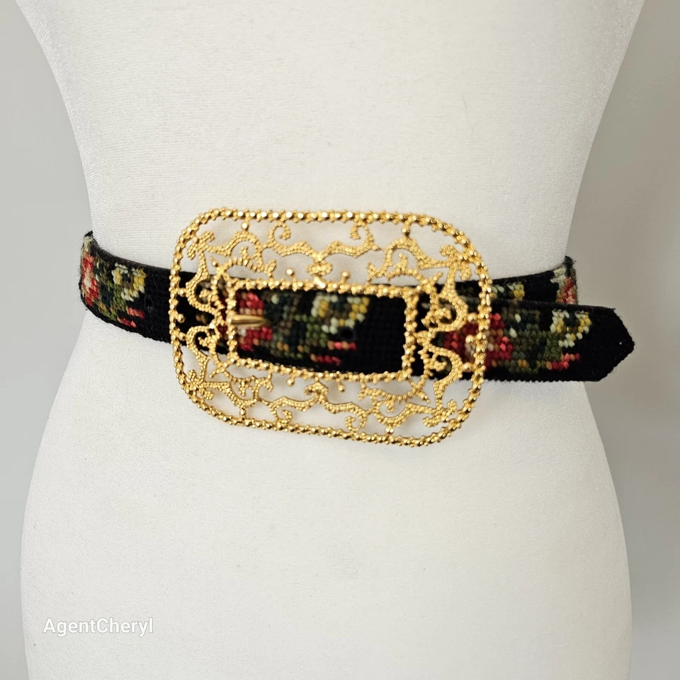 RALPH LAUREN 24-28 英寸针绣花卉声明皮带金扣 XS — 第 1/4 张图片