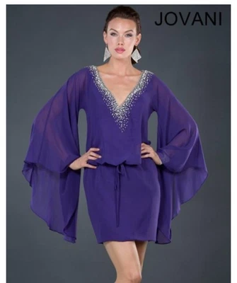 Vestido Formal de Fiesta JOVANI Talla 10 Púrpura Mini Manga Campana Gasa Cuentas Vacaciones Foto 1 de 4