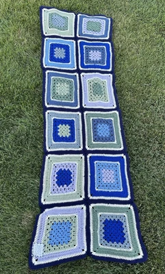 Handmade Afghan Blanket 82x26 Blue Green Granny Square Prayer Shawl Comfort USA - Image 1 of 4