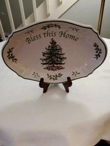 Spode Christmas Tree Platter/Tray Oval Green Rim 'Bless This Home' w/ Box U - Picture 1 of 10