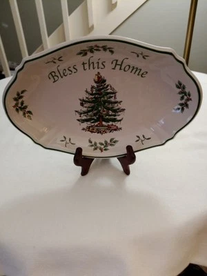 Spode Christmas Tree Platter/Tray Oval Green Rim 'Bless This Home' w/ Box U - Image 1 of 4