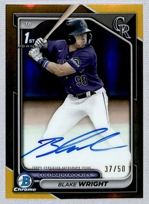 Blake Wright 2024 Bowman Draft Chrome Prospect Gold Refractor Auto /50 #CPA-BW - Image 1 of 2