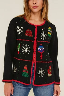 Suéter de Navidad Cherokee XL Negro Mitones Copos de Nieve Fiesta de Vacaciones De Colección Foto 1 de 4