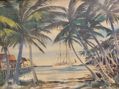 De colección John Rogers AT ANCHOR Estampado Tropical c.1960 Enmarcado Florida Estate Find Foto 1 de 4