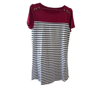 Neu Damenkleid gestreift schwarz & weiß mit rotem Colorblock Kurzarm - Bild 1 von 2