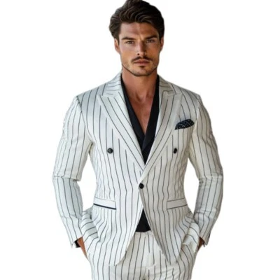 Мужской белый полосатый костюм блейзер с лацканами пик стильный повседневный деловой приталенный - Изображение 1 из 4