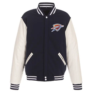 NBA Oklahoma City Thunder Reversible Fleece Jacket PVC Sleeves Patches Logo nvy - Picture 1 of 5