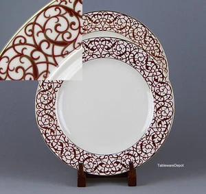 American Atelier FLORENTINE SCROLL BURGUNDY: Set/s of 2 Dinner Plates, SUPERB+! - Picture 1 of 4