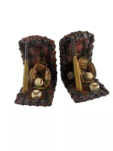 Baseball Themed Bookends Bat Ball Glove Resin Weathered Look Decor Brown Red - Picture 1 of 9