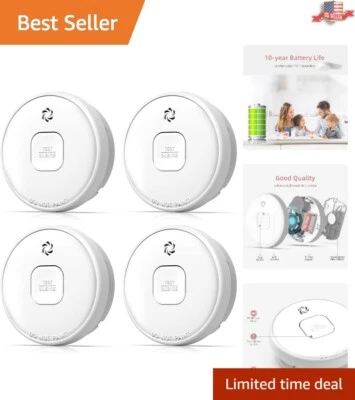 10-Year Photoelectric Smoke Detector with Battery - 4 Pack for Home Safety
