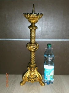 ANCIEN PIQUE-CIERGE  BRONZE doré/XIXè/H.54-62cm/3 KG/CHATEAU/EGLISE/RELIGIEUX - Picture 1 of 13