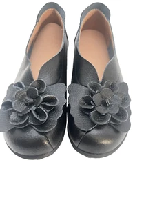 Women's Leather Slip On Loafers,Vintage Handmade Cute Bow Flower Comfy Black 8.5 - Imagen 1 de 12