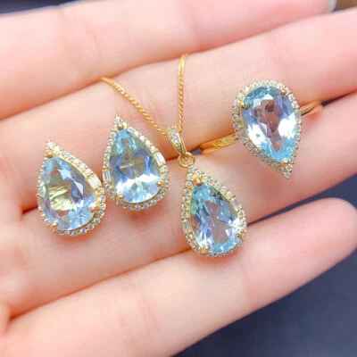 Drop Handmade Jewelry Set 3pc Light Blue Topaz Yellow Gold Pendant Earrings Ring - Image 1 of 4