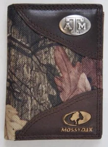 ZEP PRO Texas A&M Aggies Trifold Leather Nylon MOSSY OAK Camo Wallet TIN BOX - Picture 1 of 6