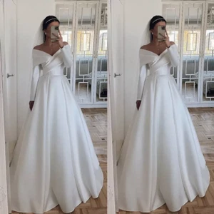 Elegant A-Line Wedding Dresses Off The Shoulder Long Sleeves Satin Bridal Gowns - Picture 1 of 7