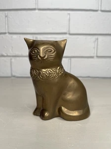 Vintage Brass Kitty Cat Sitting Figurine Floral Collar Decorative Ornament MCM - Picture 1 of 8