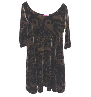 Vestido patinador de terciopelo verde estampado Art Nouveau Betsey Johnson Babydoll L Foto 1 de 4
