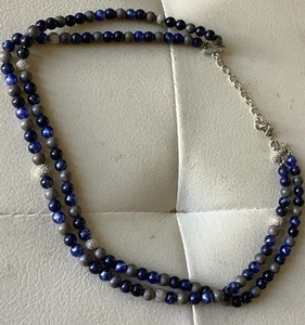 Blues & Silver Tone 2 Strand Beaded Necklace Feminine Classy 17” - Picture 1 of 4