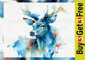 Blue Deer Watercolor Painting 5"x7" Print on Matte Paper | Wildlife Artwork - Picture 1 of 20