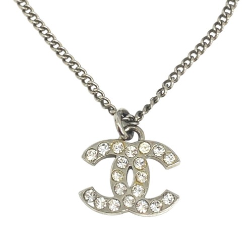 Collana CHANEL girocollo usata marchio cocco strass argento