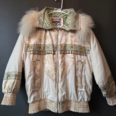 Jaqueta Feminina Otello Pelle Vintage Bege Acabamento de Pele Brocada M - Imagem 1 de 4