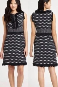 Tory Burch Navy Blue Evelyn Fringed Polka Dot Jacquard Sheath Dress Size 6 - Picture 1 of 7