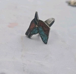 Vintage Sterlingsilber Indianer Türkis Koralle Onyx Pferd Ring Gr. 3,5 - Bild 1 von 6