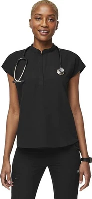 Women Oversized Medical Scrub Top Mandarin Collar Shirttail 3 Pocket Stretch - Image 1 of 4