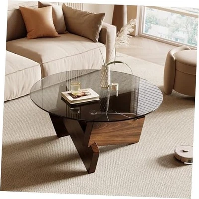  Mesa de Centro Redonda Moderna, 30.7" x 30.7" x 16.1" Tapa de Vidrio Templado para Nogal Foto 1 de 4