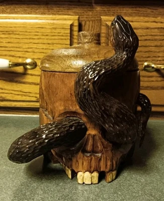 Antique Hand Carved Wood Skull and Snake Tobacco Humidor Memento Mori Japan RARE - Image 1 of 4
