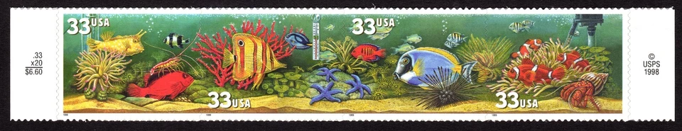 Scott #3320b (3317-20) Aquarium Fish Strip of 4 Stamps MNH w/Price & copy Selvag - Image 1 of 1