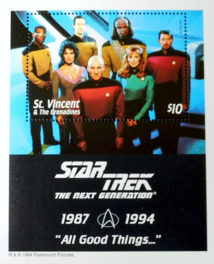 HOJA DE RECUERDO STAR TREK 1994 SELLOS DE ST. VINCENT STAR TREK PRÓXIMA GENERACIÓN Foto 1 de 1