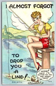 I Almost Forgot To Drop You A Line Postcard Pretty Woman Fishing Comic Humor - Picture 1 of 3