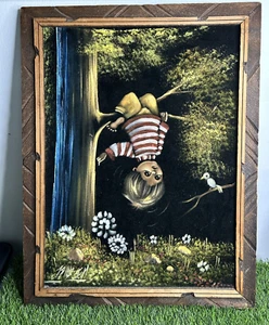 Vintage Velvet Painting Kid Swinging Upside Down From Tree 17W X 22H Wood Frame - Picture 1 of 11